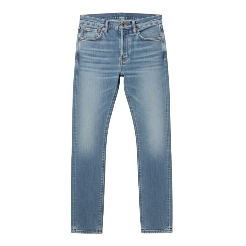 Men’s light blue denim jeans in a front view with five-pocket styling, contrast stitching, and a slim straight fit