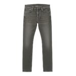 Men’s gray denim jeans front view with classic five-pocket styling, button fly, and contrast stitching