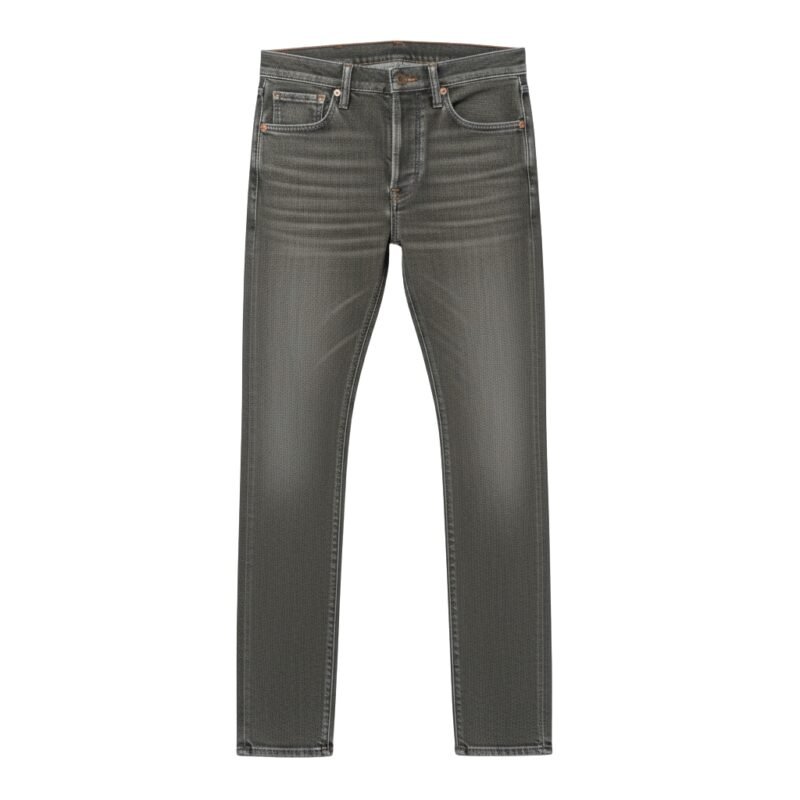 Men’s gray denim jeans front view with classic five-pocket styling, button fly, and contrast stitching