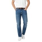 Men’s blue denim jeans with straight skinny fit, five-pocket styling, and contrast stitching