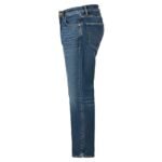 Men’s blue denim jeans in a rear view with five-pocket styling and contrast stitching, straight fit