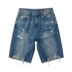 Front view of blue baggy denim short with ripped pockets