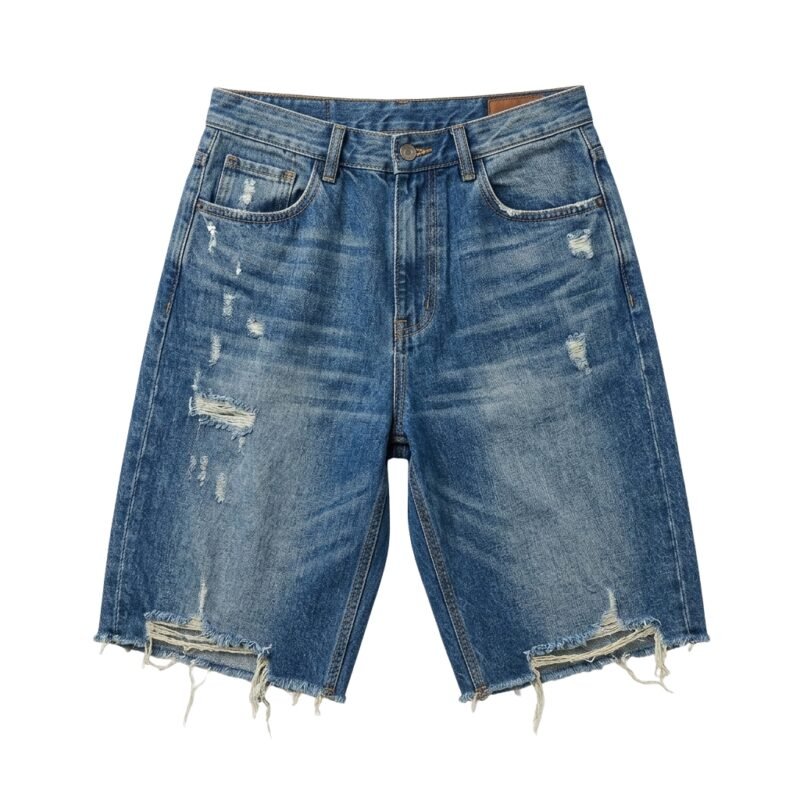 Front view of blue baggy denim short with ripped pockets