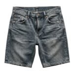 Grey washed denim jean shorts with front pockets and metal button fly closure