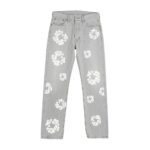 Light gray five-pocket jeans with white floral patterns, larger at the top and smaller near the bottom, on a white background.