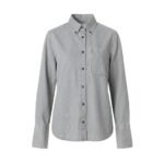 Front view of a light gray oversized denim shirt with button-down collar, dark buttons, and a left chest pocket.