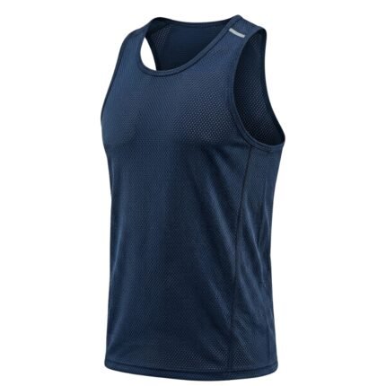 Front view of multiple men’s gym tank tops in assorted colors laid flat on a white background.