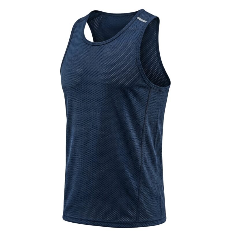 Front view of multiple men’s gym tank tops in assorted colors laid flat on a white background.