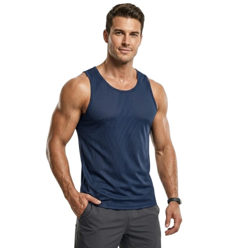 Man wearing a gym tank top and shorts, standing front facing in a studio with a plain background.