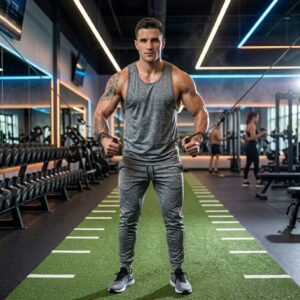 Man wearing a gym tank top and, standing in a fitness studio with gym equipment in the background.