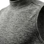 Close-up view of a women’s high-neck sleeveless tank top showing the neckline and upper chest area, on a white background.