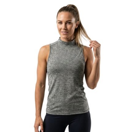 Woman wearing a high-neck sleeveless tank top, standing front facing against a white background.