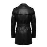 Back view of a sleek black leather trench coat with a belted waist, detailed stitching, and a modern design.