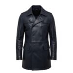 Front view of a navy blue leather double-breasted trench coat with a sleek finish and modern fit
