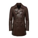 Front view of a dark gray-green leather double-breasted trench coat with a sleek finish and tailored fit.