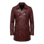 Front view of a burgundy leather double-breasted trench coat with a tailored fit and button detailing.