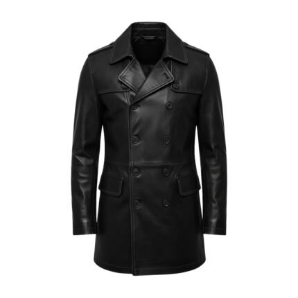 A black leather double-breasted coat with a wide notched lapel, front buttons, and pockets, displayed against a white background.