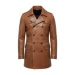 Front view of a gray-orange leather double-breasted trench coat with a smooth, polished finish and classic detailing.