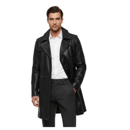 A man wearing a stylish black leather double-breasted coat over a white dress shirt and gray trousers, standing against a white background