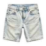 Light blue denim jean shorts with front pockets and brown-tone hardware