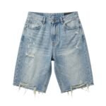 Light blue baggy denim short with faded wash and ripped details