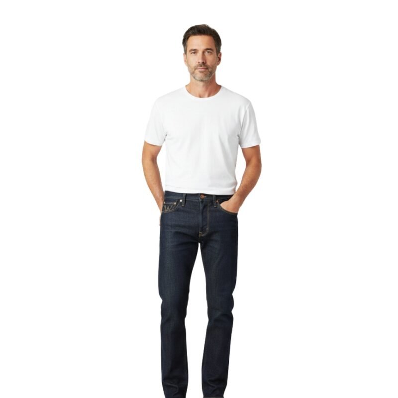 Man in white T-shirt and dark raw denim jeans, standing with hands in pockets, full-body front view on white background.