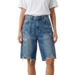 Denim baggy short in blue wash with ripped details and frayed hem