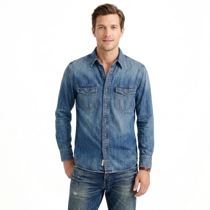 Man wearing a long-sleeved light blue denim shirt with two chest pockets and matching distressed denim jeans, posing against a white background.