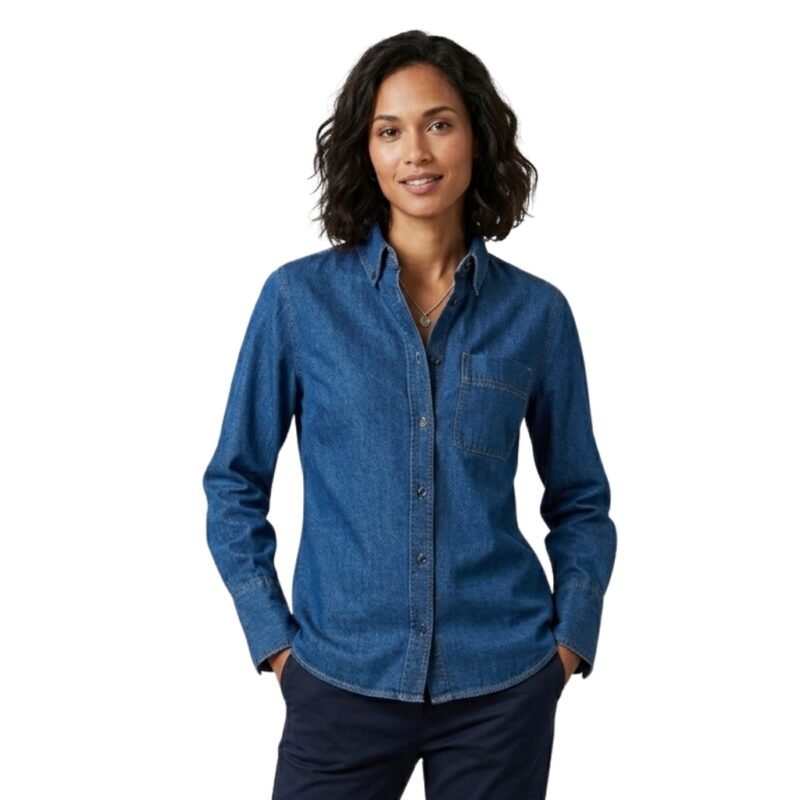 Model wearing an oversized medium-wash denim shirt, hands in pockets, on white background.