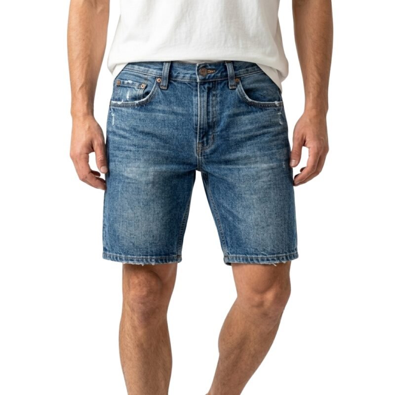 Denim jean short on-model in medium blue wash