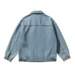 Oversized light-wash denim jacket shown from the back with button cuffs and a classic collar, featuring a relaxed streetwear fit.
