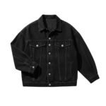 Black denim jacket with button-front placket, flap chest pockets with button closures, and long sleeves with button cuffs.