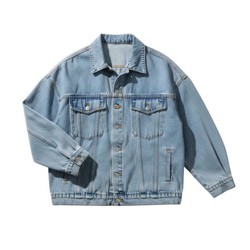 Oversized light-wash denim jacket with button-front and chest flap pockets, shown on a plain background.