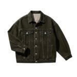 Dark olive-green denim jacket detail view showing a button-front placket, dual chest pockets with flap-and-button closures, and button cuffs.