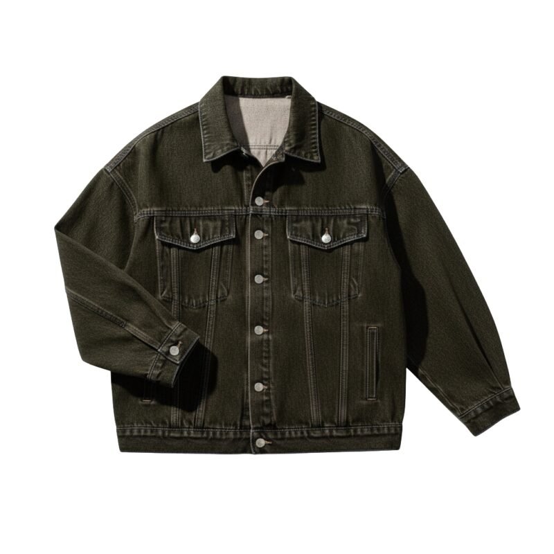 Dark olive-green denim jacket detail view showing a button-front placket, dual chest pockets with flap-and-button closures, and button cuffs.