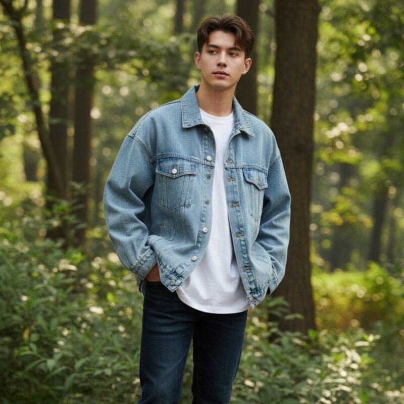 Men’s light-wash denim jacket with button-front closure, flap chest pockets, and button cuffs, worn over a white T-shirt in an outdoor forest setting.