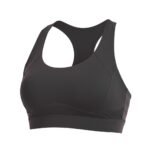 Dark gray running sports bra, front view.