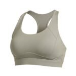 Warm gray running sports bra, front view.