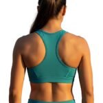 Woman wearing running sports bra, back model view.
