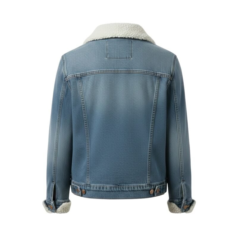 Men’s light blue sherpa-lined denim jacket in back view with sherpa collar and cuffs and button-front design