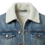 Denim jacket with a sherpa fleece collar and blue buttons.
