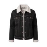 Black denim jacket with a cream sherpa shearling-style collar and cuffs, button-front placket, and flap chest pockets.