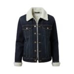 Dark blue denim jacket with a cream sherpa shearling collar and cuffs, front button placket, and flap chest pockets.