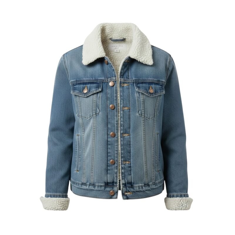 Men’s sherpa-lined denim jacket front view with button front and two chest pockets