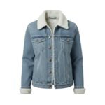 Light blue denim jacket with a cream sherpa shearling-style collar and cuffs, button-front placket, and flap chest pockets.