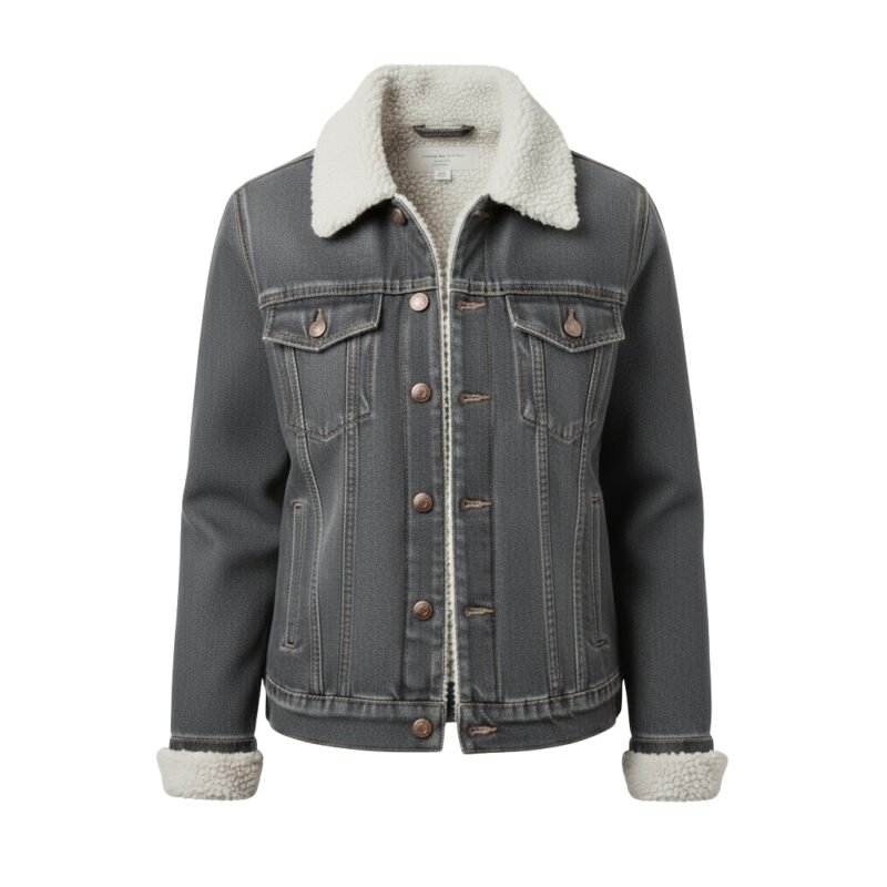 Dark gray denim jacket with a cream sherpa-style shearling collar and cuffs, button-front placket, and chest flap pockets with buttons