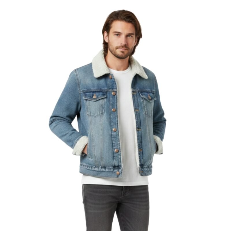 Men’s sherpa-lined denim jacket in light blue with button front, sherpa collar and cuffs, and chest flap pockets