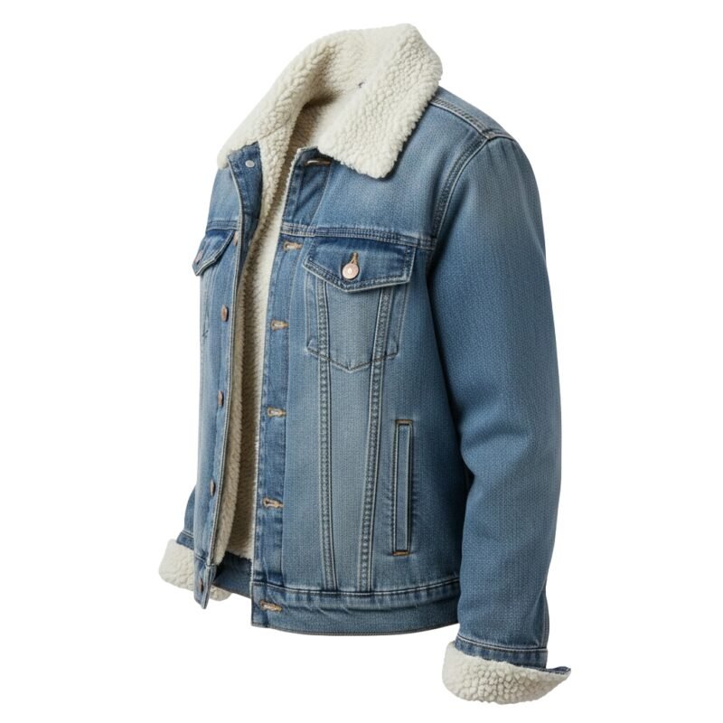 Men’s light blue sherpa-lined denim jacket side view with sherpa collar and sherpa cuffs, button-front closure, and chest flap pocket