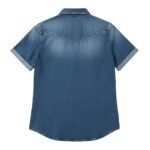 Light blue short-sleeve denim shirt with a pointed collar and two chest flap pockets