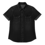 Black denim-style short-sleeve button-up shirt with pointed collar and flap chest pockets